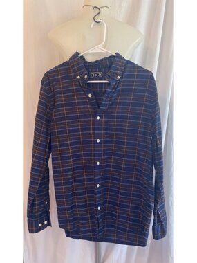 RYE By Hawker Rye Navy Blue And Orange Plaid Men's Button Down M Short Slim